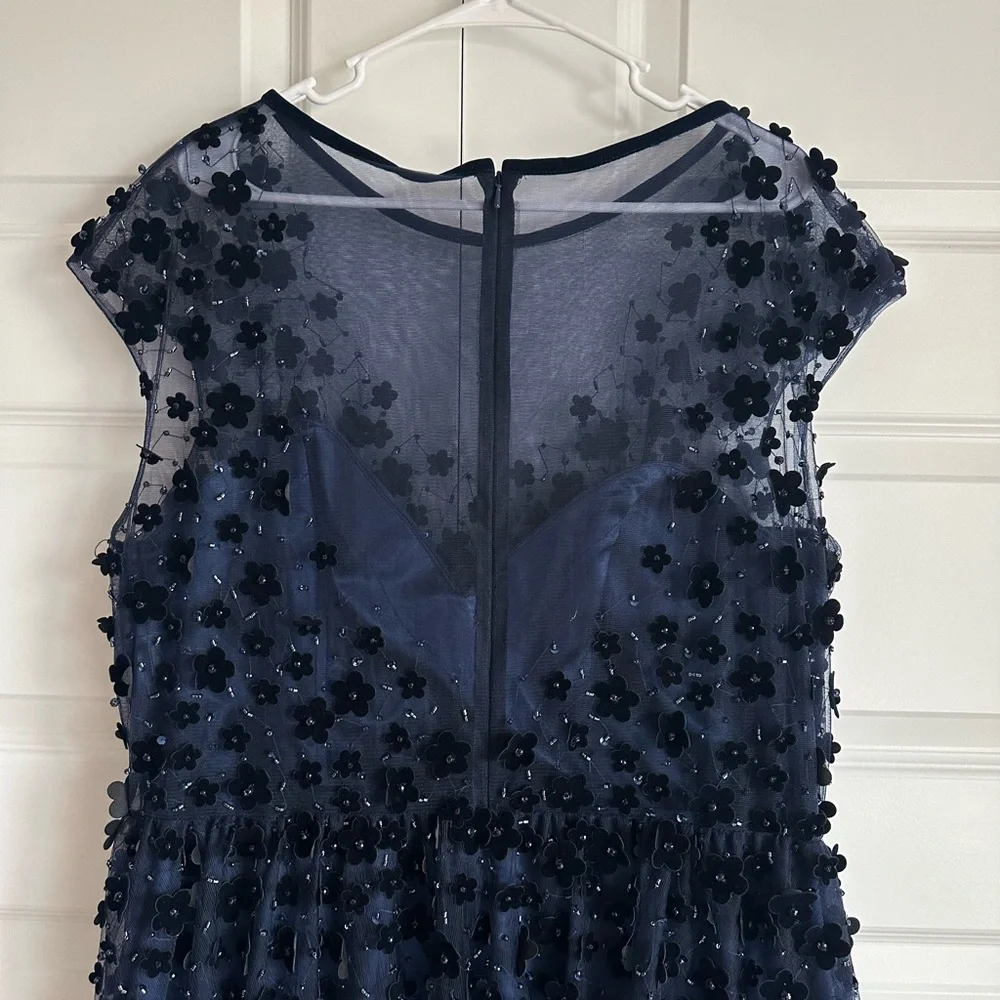 Mac Duggal Floral Embellished Illusion Midnight Midi Cocktail‎ Dress NWT